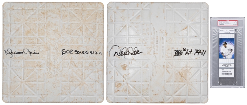 Lot of (3) Derek Jeter and Mariano Rivera Historic Game Used and Signed Bases From 3000th Hit Game With Encapsulated Ticket and 602nd Save Game (PSA/DNA, Steiner & MLB Authenticated) 